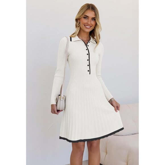 Merokeety Women's White Long Sleeve V Neck Button Knit Pleated Sweater Dress - Picture 7 of 7